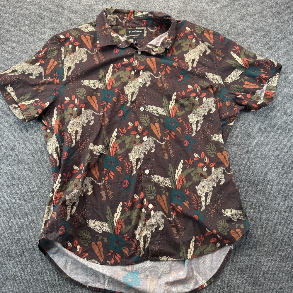 Bonobos Slim Shirt Mens XL Brown Tropical Leopard Print Short Sleeve Button-Up